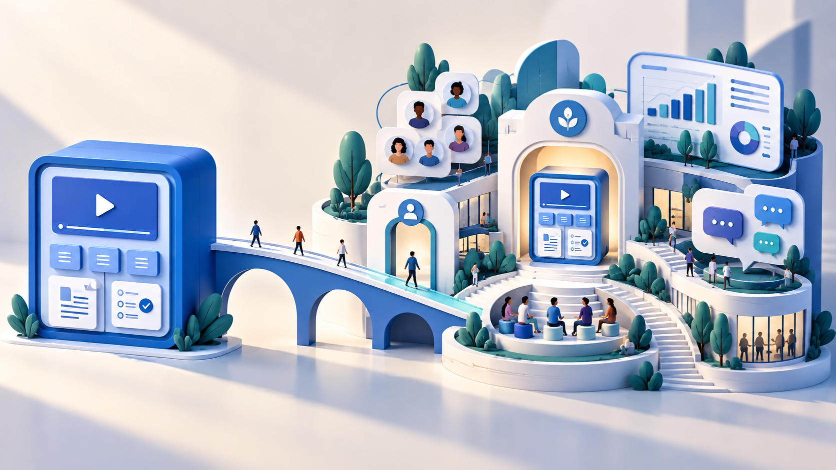 Comparison between a standalone online course and a connected learning business with branding, enrollment, students, and insights.
